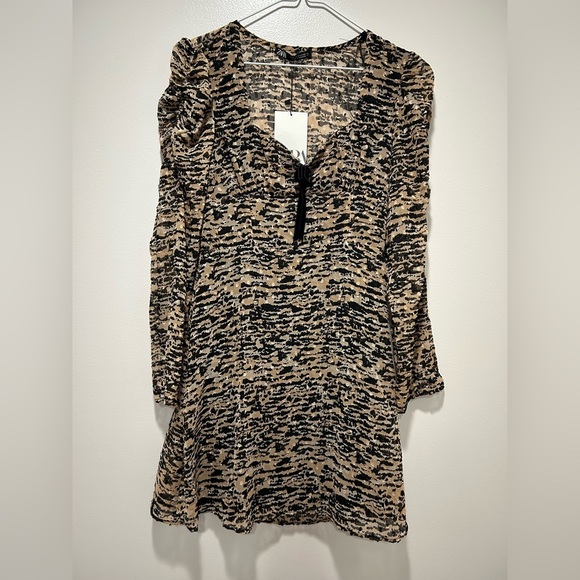 ZARA Textured Animal Print Ruched Puff Sleeve Mini Dress XS NWT - Picture 2 of 15